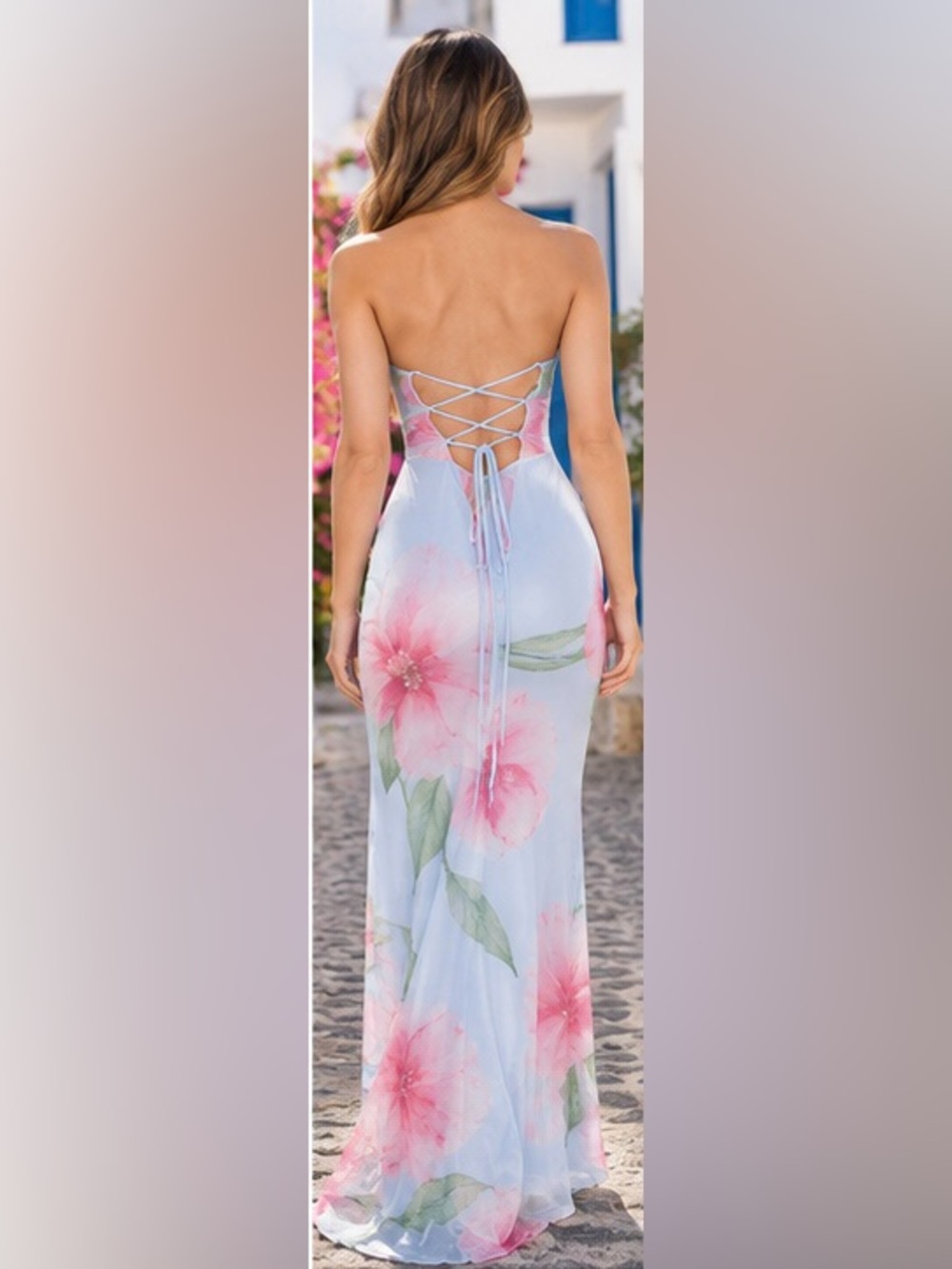 Windsor Light Blue Floral Lace Up Back Maxi Dress Size S - Picture 2 of 11